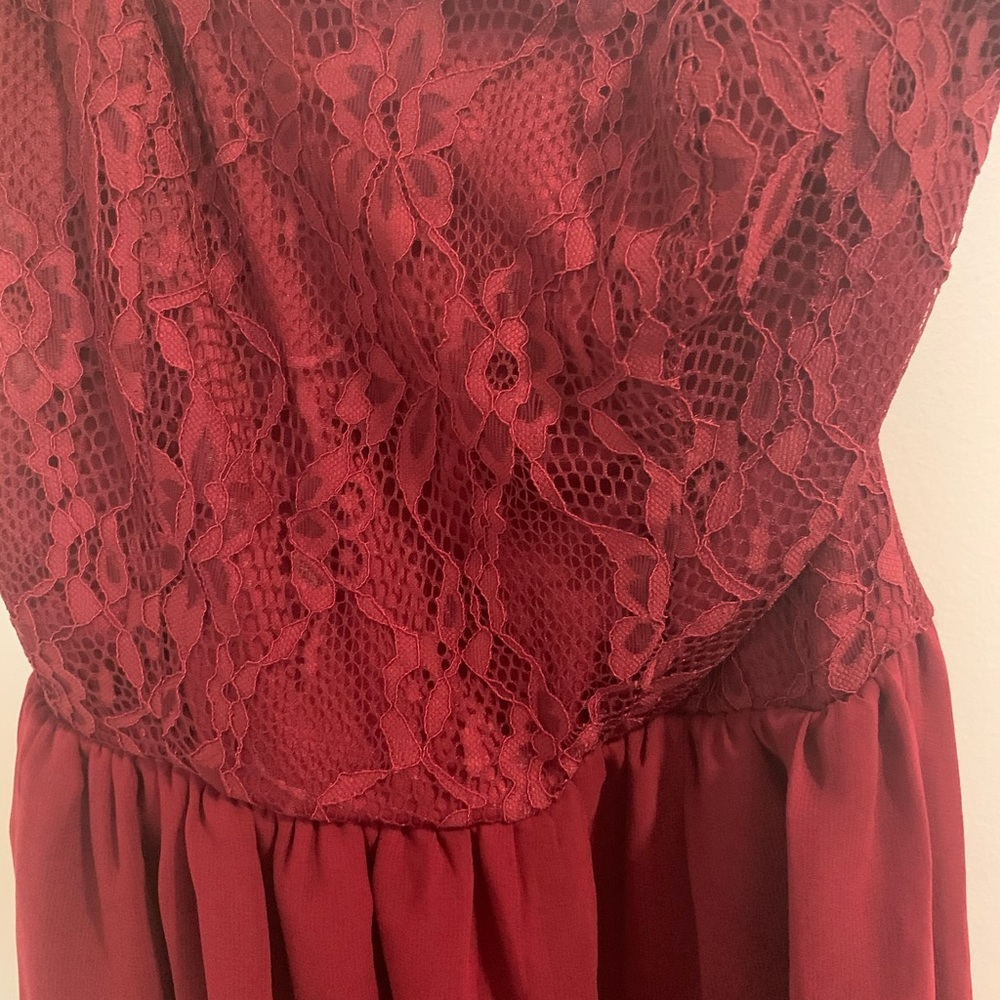 # Wine Colored Lace Top Hi-Low Dress